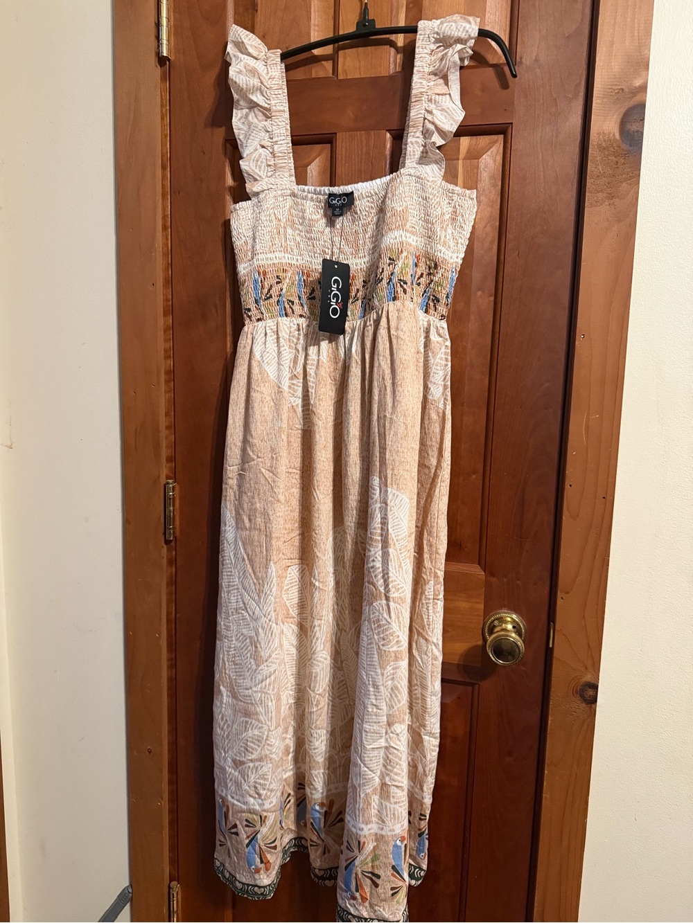 Gigio Beige Smocked Maxi Dress with Ruffle Straps